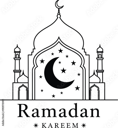 An elegant black and white illustration depicts a mosque with a crescent moon and stars celebrating the islamic holy month of ramadan kareem