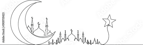 a delicate continuous line drawing depicts a crescent moon a star and a cityscape with mosque silhouettes evoking islamic themes