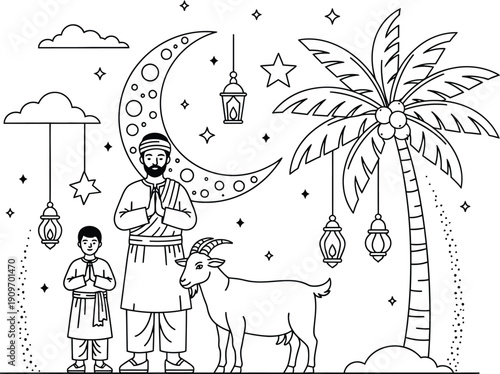 a detailed black and white illustration depicts a man and child praying alongside a goat with traditional islamic elements like a crescent moon and lanterns