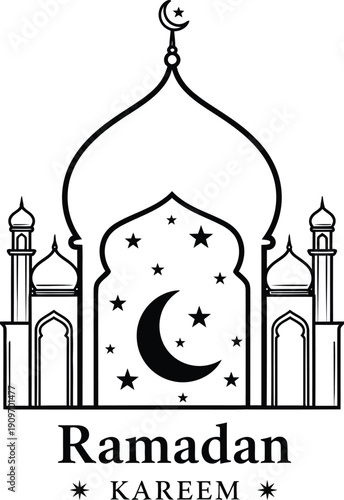 A simple black and white illustration depicts a mosque with a crescent moon and stars celebrating the islamic holy month of ramadan kareem