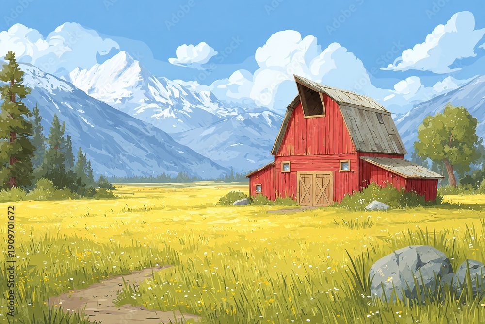 Obraz premium Bright red barn sits in green field near mountains with blue sky and clouds during sunny day