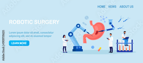 Robot arms operating healing stomach. Robotic surgery. Modern gastric diseases treatment. Medical technologies innovation. Doctor treating cancer of digestive system with AI