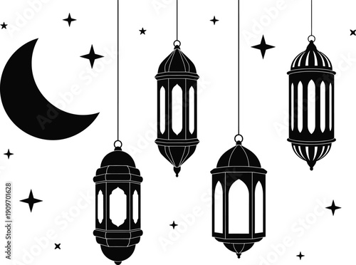 a minimalist illustration depicting a crescent moon alongside several intricately designed hanging lanterns adorned with scattered stars on a white background