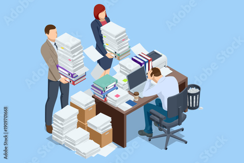 Isometric workplace stress scene with paper chaos and tight schedule. Business deadline concept.