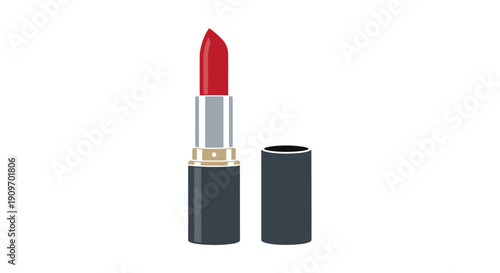 Red lipstick in black and silver tube with cap removed.