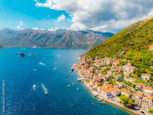 Historic town of Perast at famous Bay of Kotor in summer, Montenegro near Our Lady of the Rocks