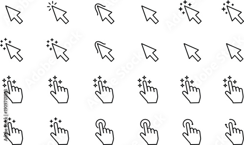 Mouse cursor and clicking hand line icons set with pointer click sparkle interaction symbols