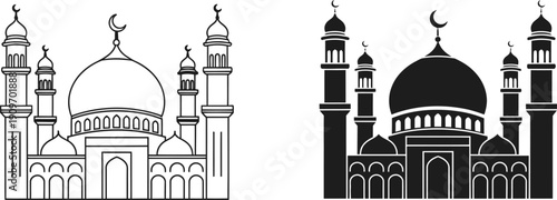 Detailed black and white line art depictions showcase two islamic mosque structures with minarets and crescent moon symbols high quality professional