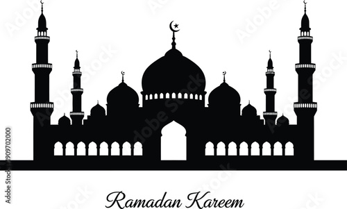 an elegant silhouette of a mosque with minarets and domes is displayed with the text ramadan kareem below it high quality
