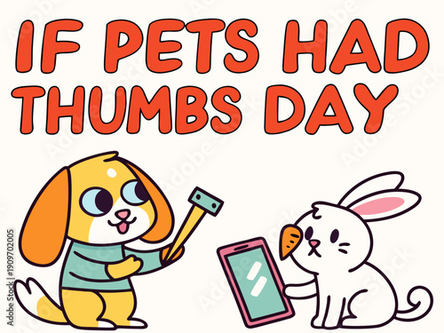 cartoon dog and rabbit holding smartphone and selfie stick on If Pets Had Thumbs Day