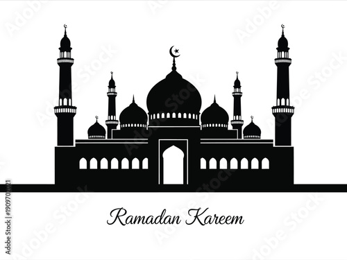 A striking black silhouette showcases a beautiful mosque design with prominent minarets and a crescent moon celebrating ramadan kareem high quality