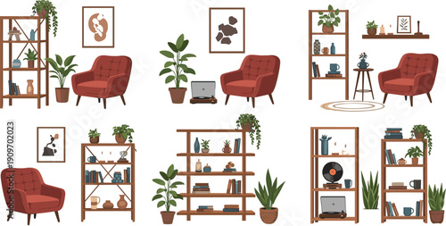Collection of cozy bohemian interior design scenes featuring red armchairs wooden bookshelves potted plants and home decor accessories