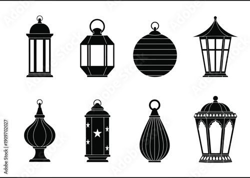 a collection of silhouetted lanterns in various shapes and sizes displayed neatly in a simple minimalist arrangement on a cream background