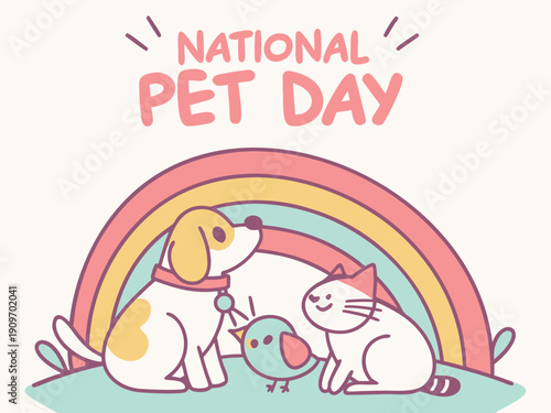 National Pet Day illustration of dog cat and bird with rainbow  animals friends