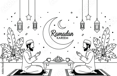 a detailed black and white illustration depicts a ramadan kareem celebration with two men praying a crescent moon and festive decorations