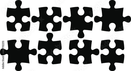 Silhouettes of puzzle pieces with unique tabs and blanks, symbolizing problem solving, connection, teamwork, and creativity