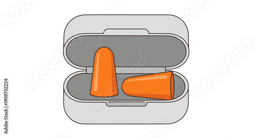 Orange earplugs in a gray case, safety equipment for noise protection.