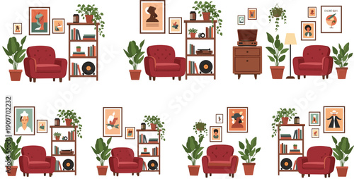 Collection of stylish home library furniture including red armchairs wooden bookshelves indoor plants and mid century modern decor elements
