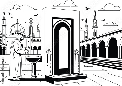a detailed black and white illustration depicts a man performing ritual ablutions before an ornate mosque complex with minarets and arches