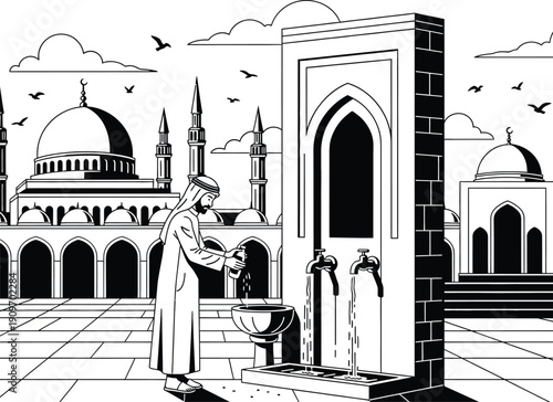 An intricate black and white illustration depicts a man performing ablution near a mosque with minarets and domes visible in the background