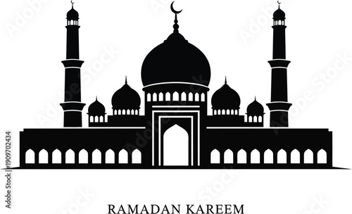 a striking black silhouette of a mosque with minarets and a crescent moon representing ramadan kareem celebrations and islamic architecture