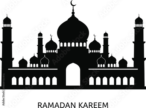 A striking black silhouette of a traditional mosque design with crescent moon and ramadan kareem text below it high quality professional