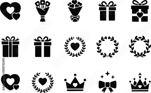 a collection of black silhouette icons depicting gifts flowers hearts wreaths and crowns arranged in a grid pattern on a white background