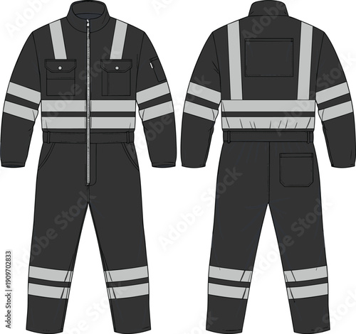 Industrial safety coverall front view, back view, reflective stripes, protective clothing, construction workwear, high visibility garment, apparel design template