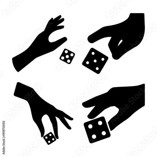 Black silhouette hands interacting with dice in various actions, symbolizing a game of chance