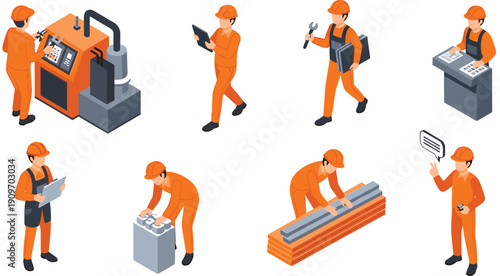 Isometric vector set of factory workers in orange uniforms operating machinery and performing industrial manufacturing tasks for warehouse logistics