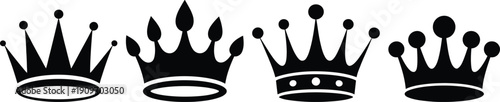 Four distinct crowns displayed in a row with varying designs and embellishments