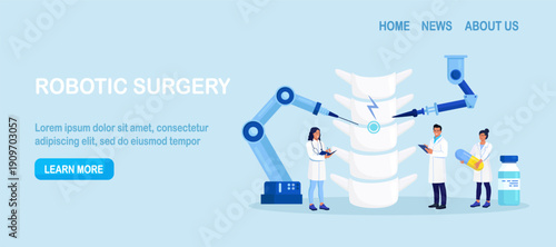 Robot arms operating healing spine backbone joint. Robotic surgery. Machine surgeon and disease diagnostics. Rheumatism, deformity, vertebral inflammation treatment. Medical technologies innovation