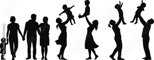 Black Vector Silhouette Set of Happy Families with Parents Lifting Children and Toddlers for Lifestyle Architectural Visualization People Pack and Parenting Graphic Design Elements