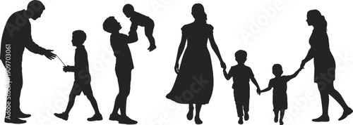 Vector, black, silhouette, illustration, set, of, happy, families, with, parents, and, children, walking, playing, and, holding, hands, for, motherhood, fatherhood, and, family, design, elements