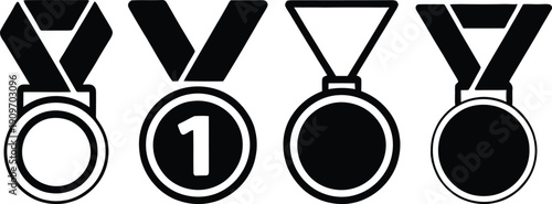Four medals in a row, each with different colors and designs, representing achievements and awards.