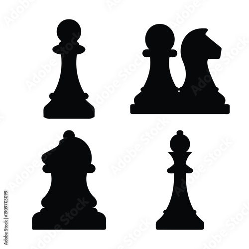 Chess pieces silhouette set including pawn, knight, bishop, and king against a white background