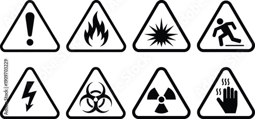 Collection of various warning and hazard symbols in triangular shapes