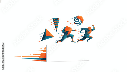 Accelerated Business Momentum Concept: Polygonal Runners Symbolizing Dynamic Market Competition and Future-Proof Agility with Copy Space