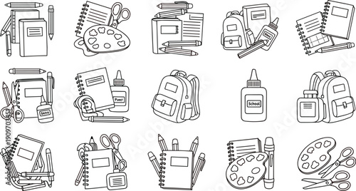 Collection of school supplies coloring page vectors including backpacks notebooks pencils paint palettes and scissors for children educational activity