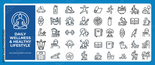 Daily Wellness and Healthy Lifestyle Outline Icon Set for Routine and Habit Tracking