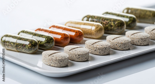 Wallpaper Mural Herbal capsules and dietary supplements arranged neatly tray, showcasing various colors Torontodigital.ca