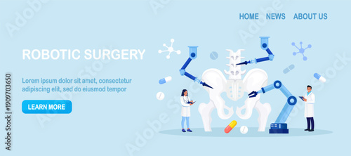 Robot arms operating healing hip bone joint. Robotic surgery. Machine surgeon and disease diagnostics. Spine backbone disease diagnostics. Medical technologies innovation for  pelvic injury treatment