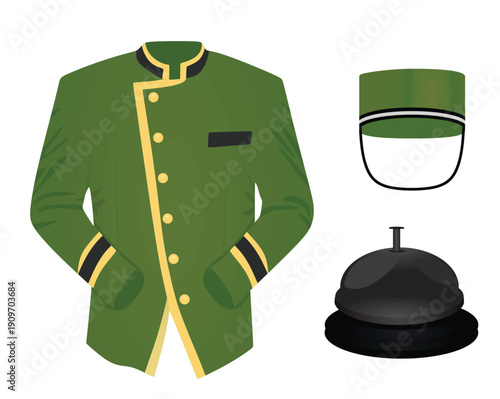 Green hotel receptionist uniform with bell. vector