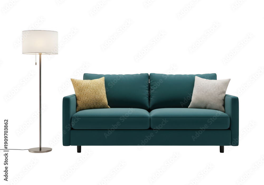Fototapeta premium Modern teal sofa with throw pillows and floor lamp isolated on transparent background