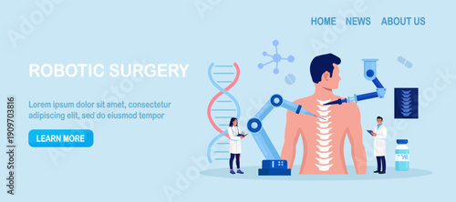 Robot arms operating healing spine backbone joint. Robotic surgery. Machine surgeon and disease diagnostics. Rheumatism, deformity, vertebral inflammation treatment. Medical technologies innovation