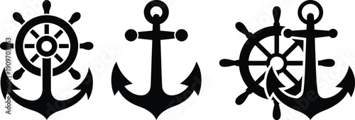 Three distinct nautical symbols, including anchors and a ship's wheel.