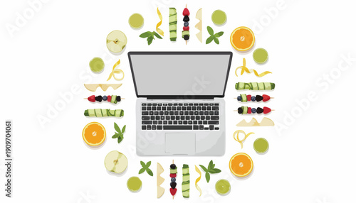 Corporate Wellness Concept: Overhead view of laptop framed by vibrant, fresh fruits and healthy snacks, symbolizing work-life balance and clean eating in the digital age.