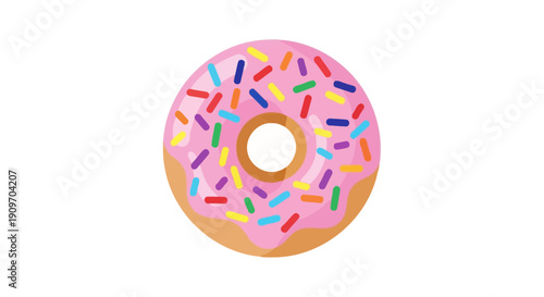 A pink frosted donut with colorful sprinkles.