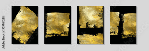 Set of four abstract brush compositions with bold strokes and circular shapes, modern minimalist vector posters for wall art and branding.