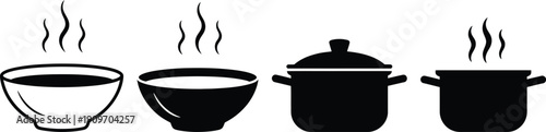 Four different types of containers filled with steaming food